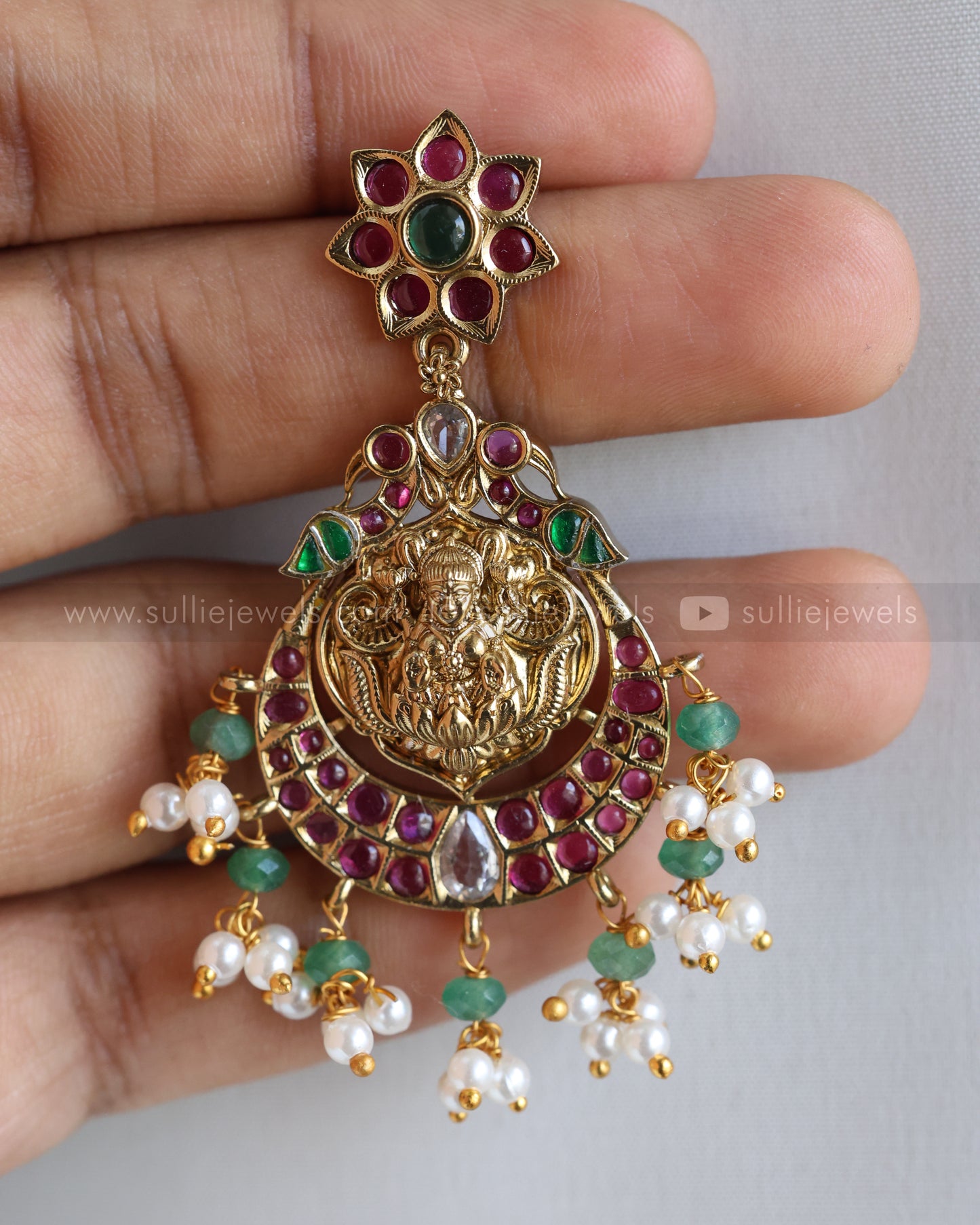 7113 - Lakshmi Mint Beads & Ruby Stone Guttapusalu Haram with Earrings