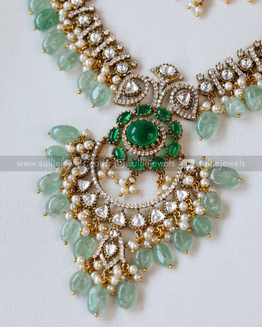Emerald Premium Victorian Double Layer Necklace with Earring - Mint Beads
