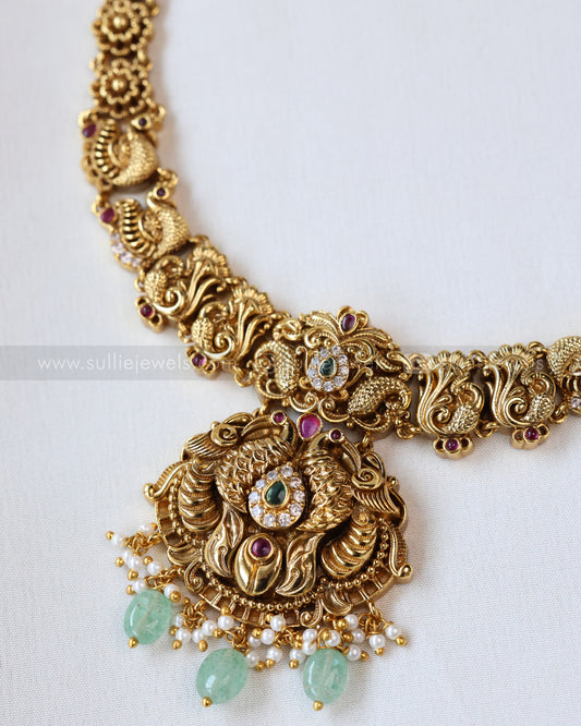Premium Peacock ( No Idol ) Necklace with Earring - Mint Beads