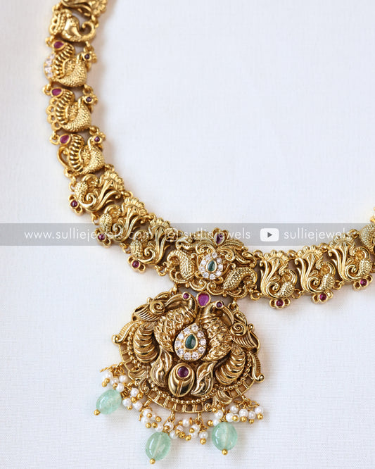 Premium Peacock ( No Idol ) Long Chain / Haram with Earring - Mint Beads