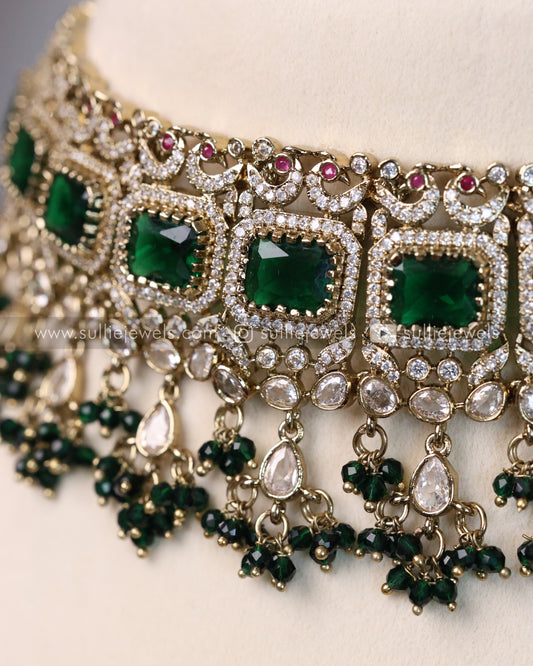 Premium Green / Emerald Stone Choker with Earrings