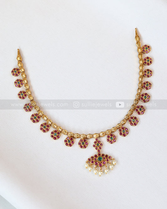 Floral AD Stone & Gold Tube Bead Attigai Layered Combo