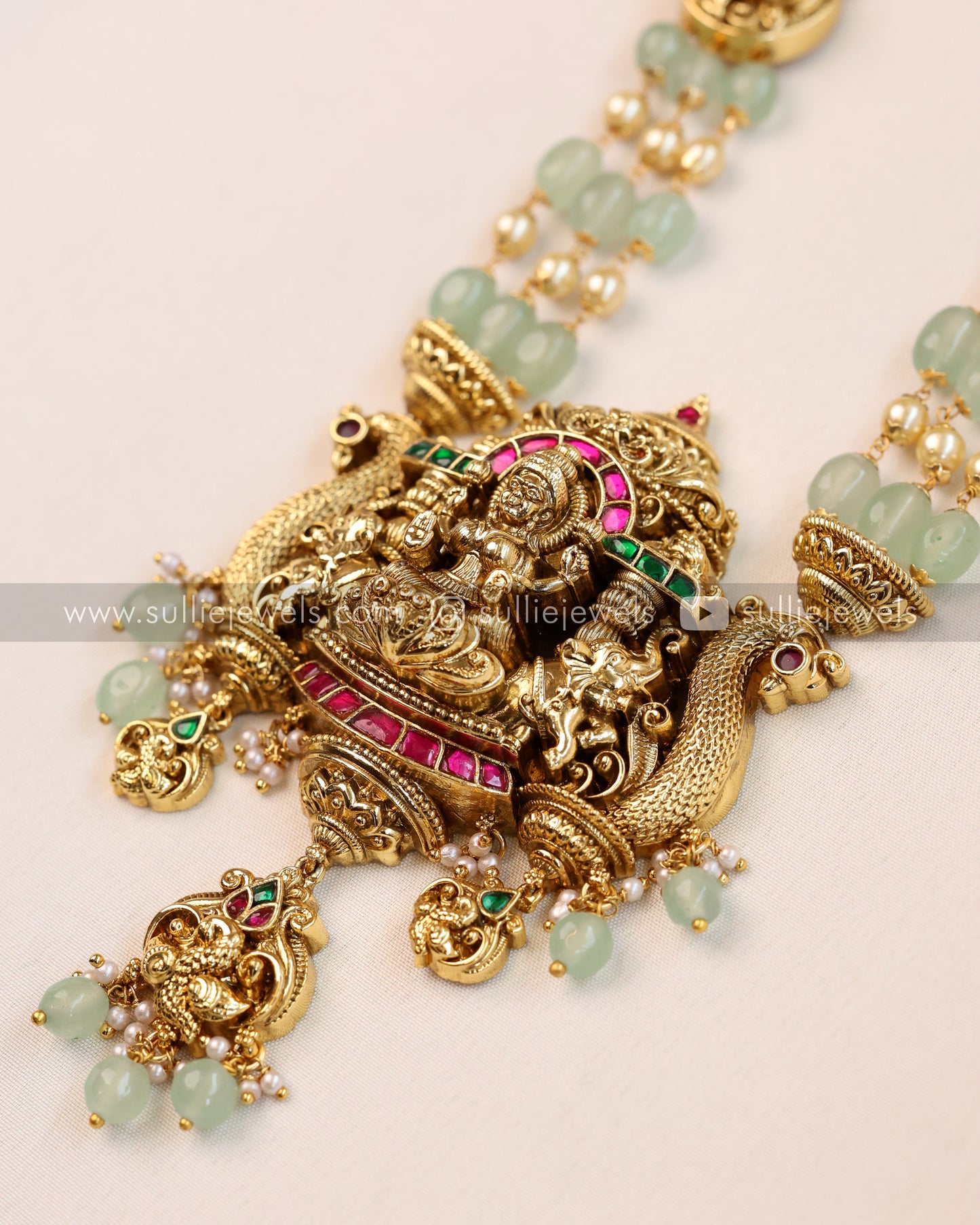 Lakshmi Kemp Premium Mint Beads Long Chain / Haaram with Jhumka