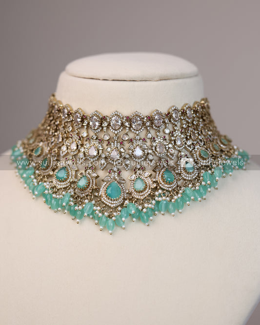 Victorian Polki Broad Choker with Earrings - Teal
