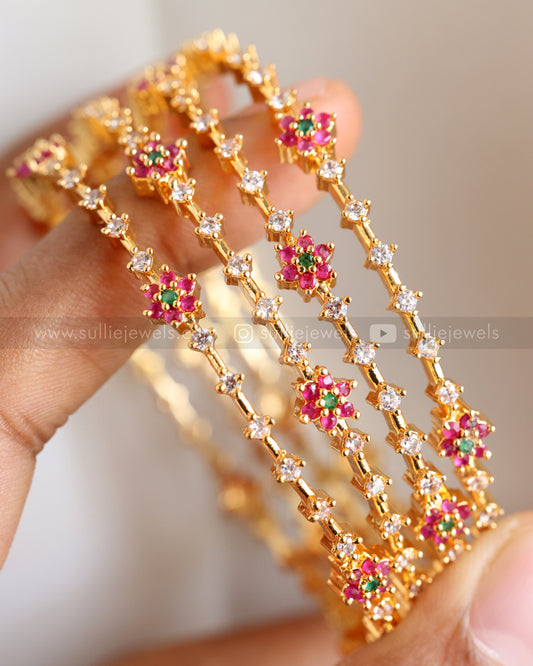 Floral Ruby White Stone Bangle - Set of 4