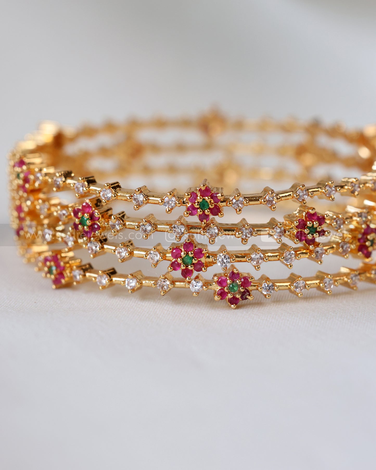 Floral Ruby White Stone Bangle - Set of 4