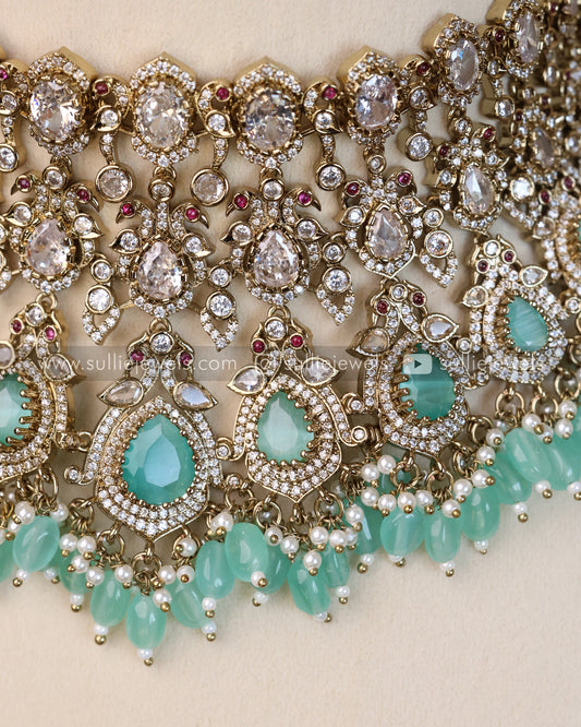 Victorian Polki Broad Choker with Earrings - Teal