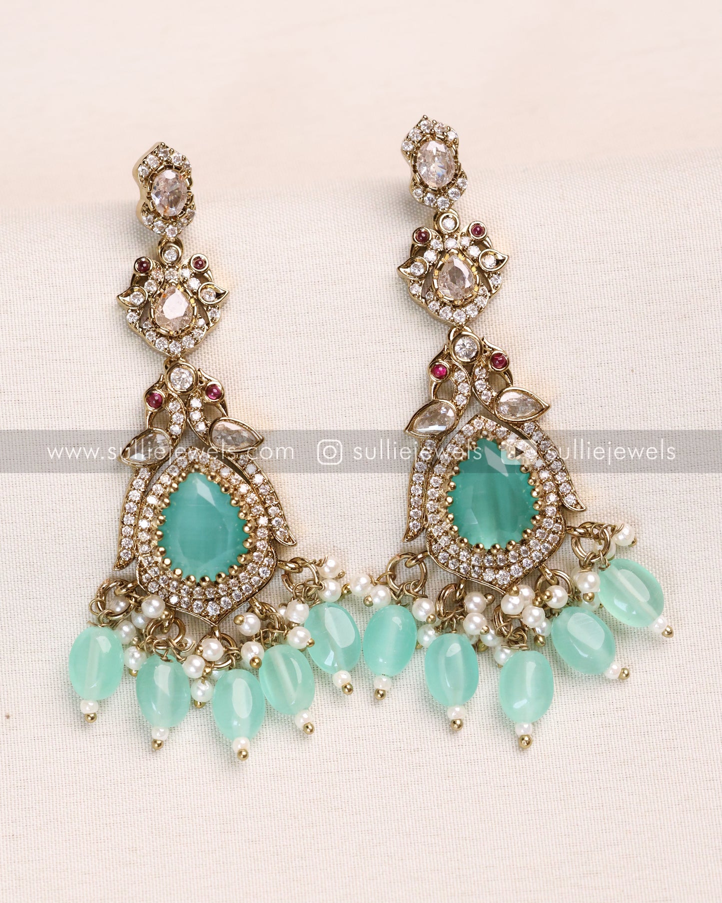 Victorian Polki Broad Choker with Earrings - Teal
