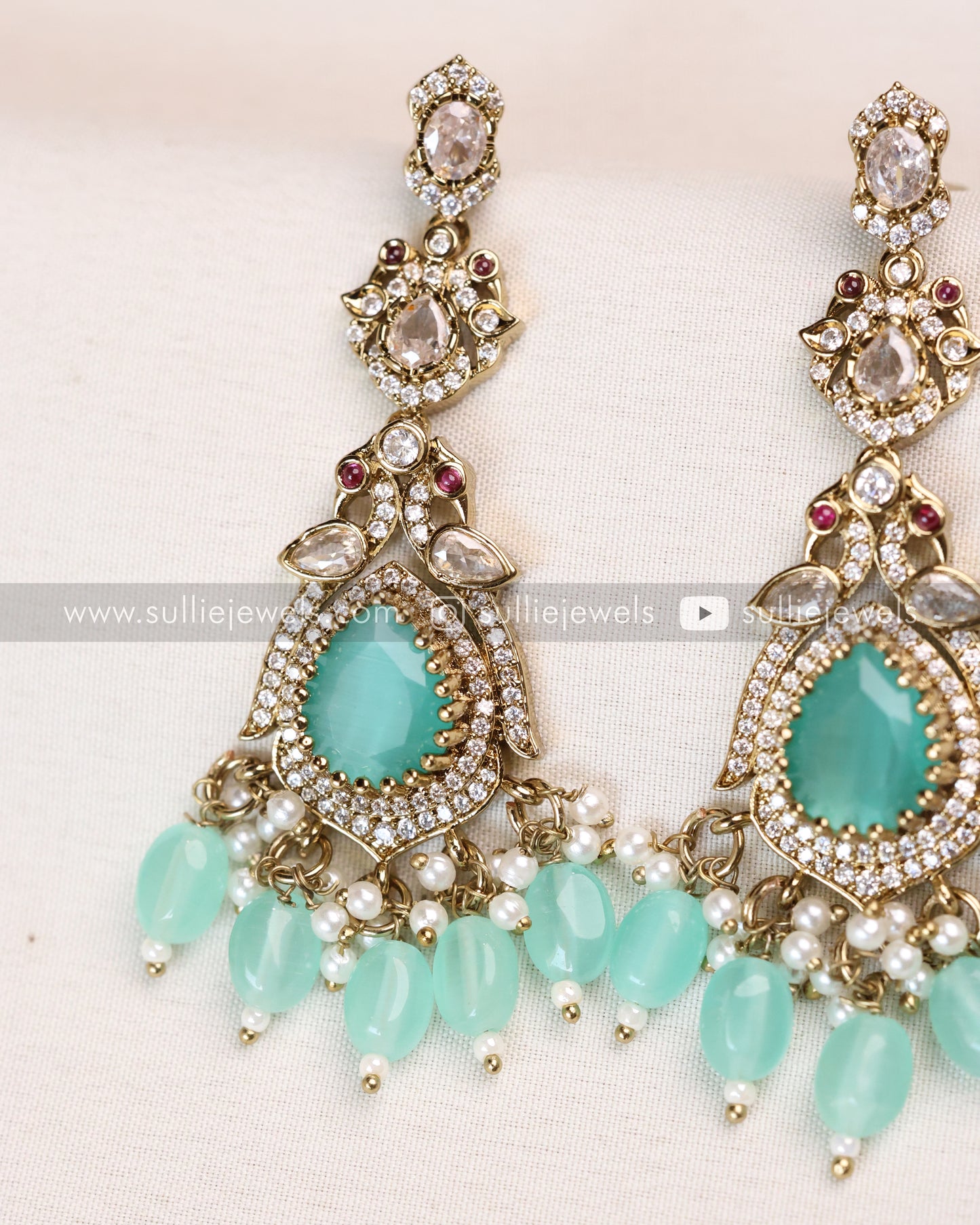 Victorian Polki Broad Choker with Earrings - Teal