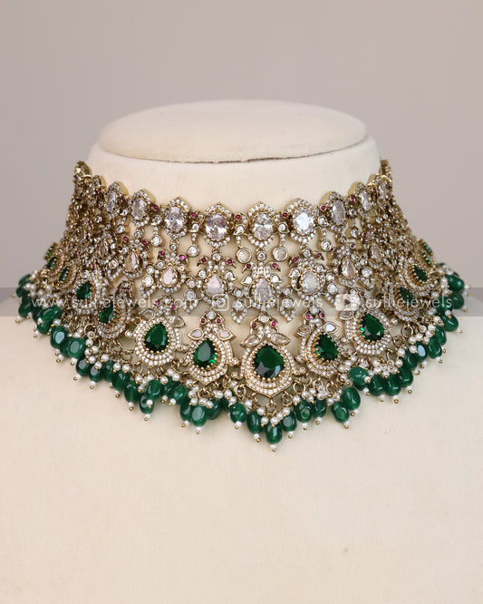 Victorian Polki Broad Choker with Earrings - Green