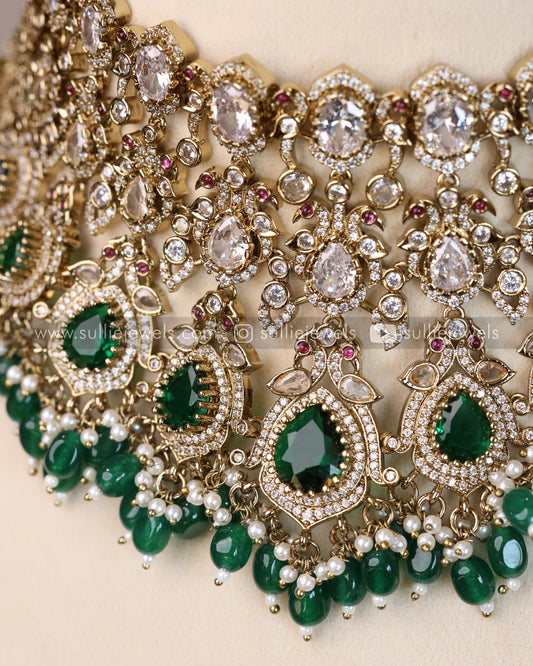 Victorian Polki Broad Choker with Earrings - Green