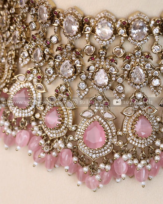 Victorian Polki Broad Choker with Earrings - Pastel Pink