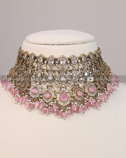 Victorian Polki Broad Choker with Earrings - Pastel Pink