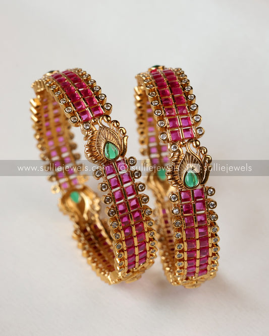 Premium Peacock Ruby Stone Bangle - Set of 2