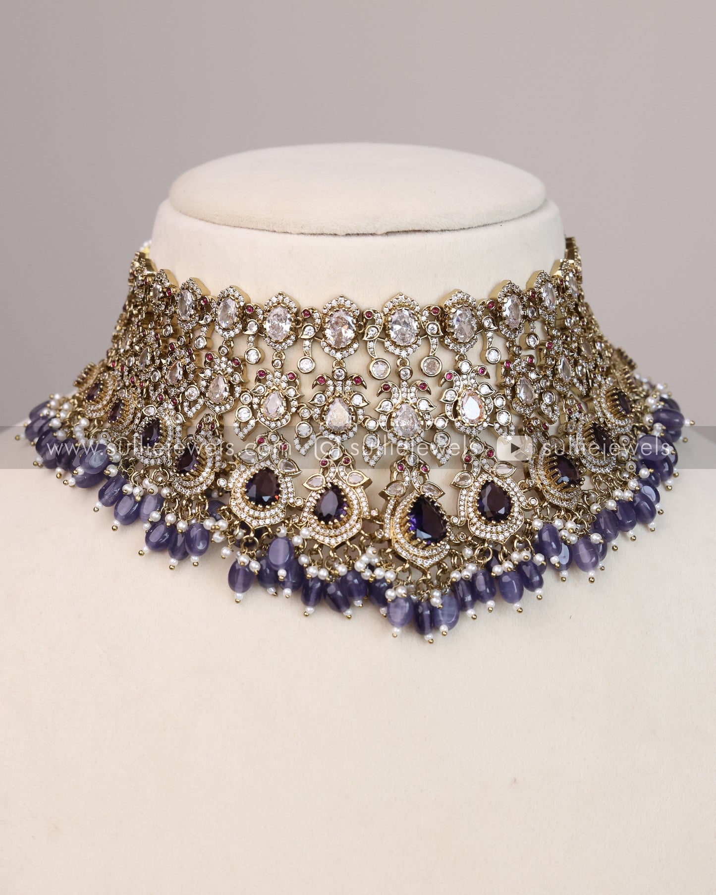 Victorian Polki Broad Choker with Earrings - Violet