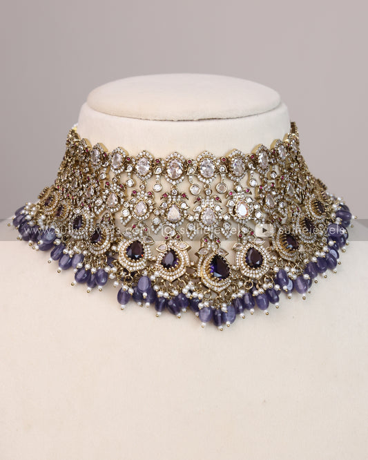 Victorian Polki Broad Choker with Earrings - Violet