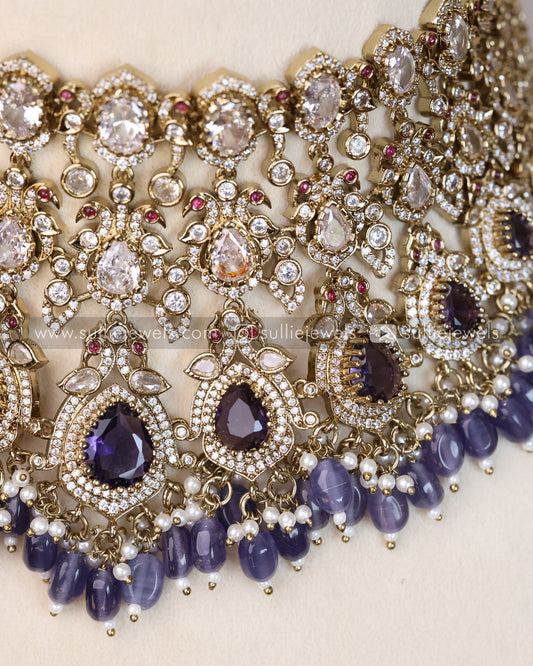 Victorian Polki Broad Choker with Earrings - Violet