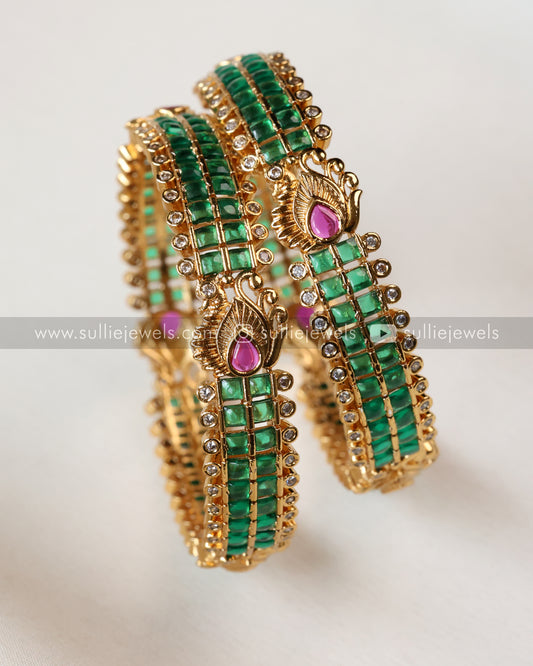 Premium Peacock Green Stone Bangle - Set of 2