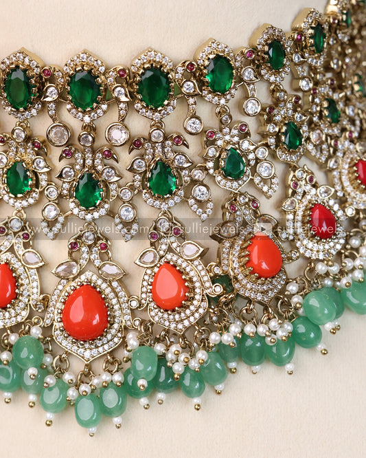 AD Emerald & Coral Choker with Earrings