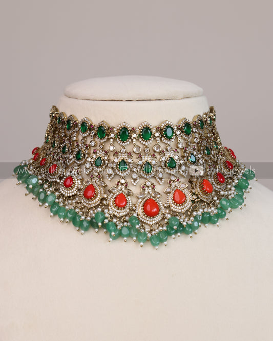 AD Emerald & Coral Choker with Earrings