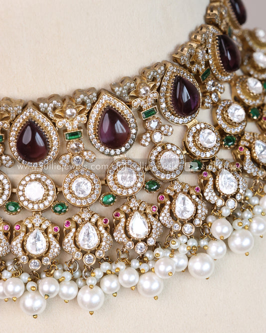 Moissanate Kundan Semi Bridal Choker with Eariings & Tikka - Violet