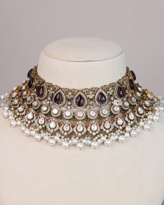 Moissanate Kundan Semi Bridal Choker with Eariings & Tikka - Violet