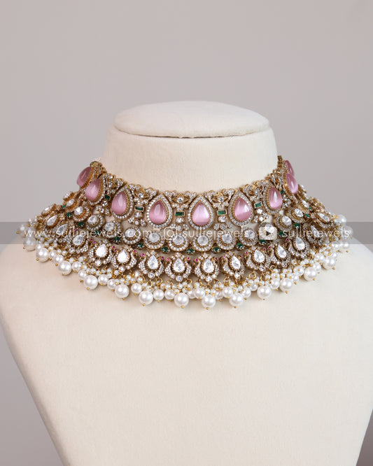 Moissanite Kundan Bridal Heavy Choker with Jhumka & Tikka