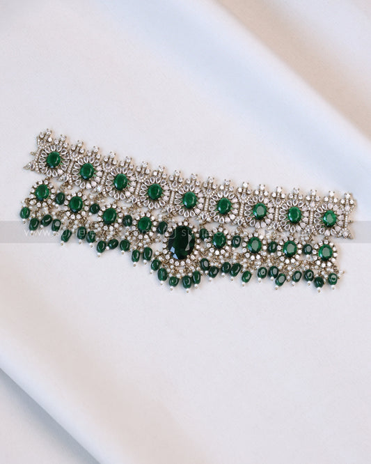 2104 - Premium Dark Green Heavy Choker with Earrings