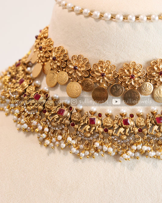 Ruby Elephant & Flower Coin Layered Combo ( 4 piece )