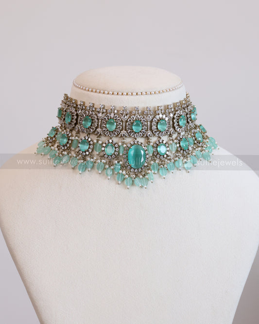 2103 - Premium Pastel Green Heavy Choker with Earrings