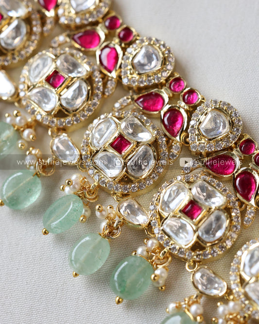 Polki Premium Stone with Mint Beads Choker with Earring