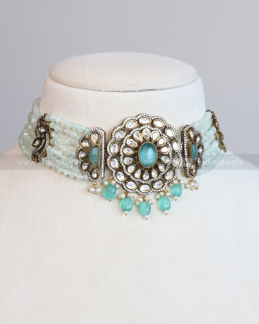 Victorian Teal Beads Choker with Earring