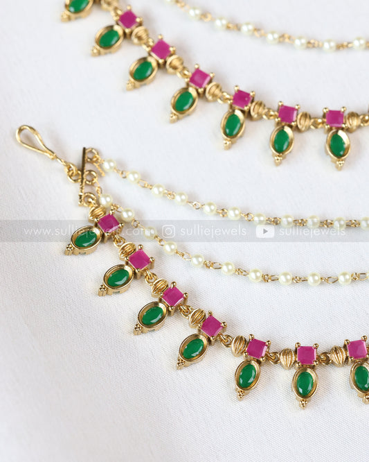 093 - Pink & Green Palakka 3 Layer Earchain / Maatti