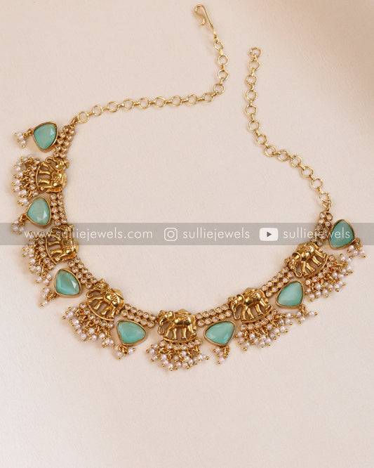 Elephant Stone Necklace with Earring - Pastel Green & Violet