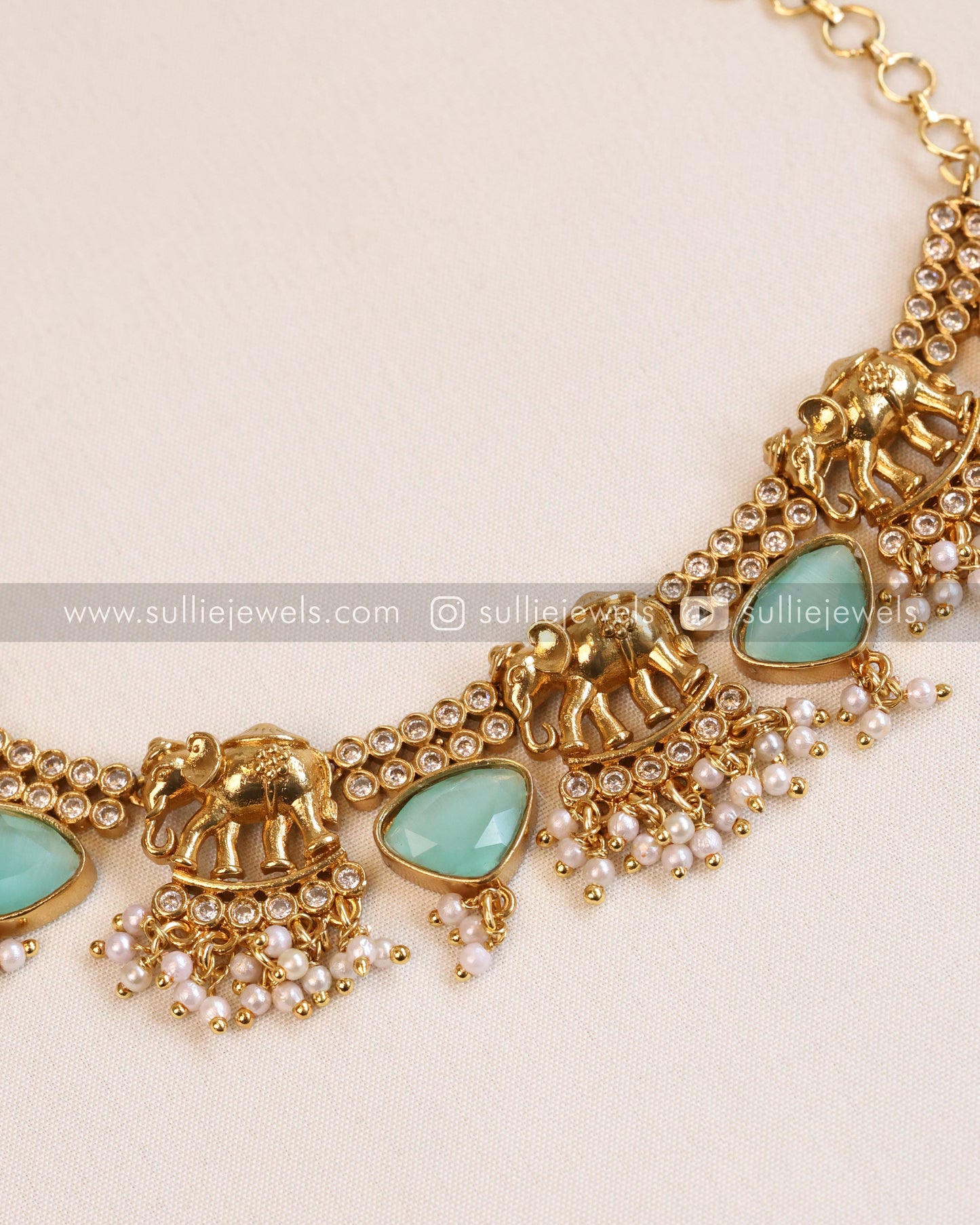 Elephant Stone Necklace with Earring - Pastel Green & Violet