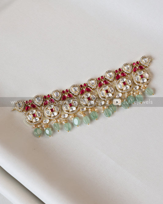 Polki Premium Stone with Mint Beads Choker with Earring