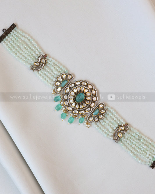 Victorian Teal Beads Choker with Earring