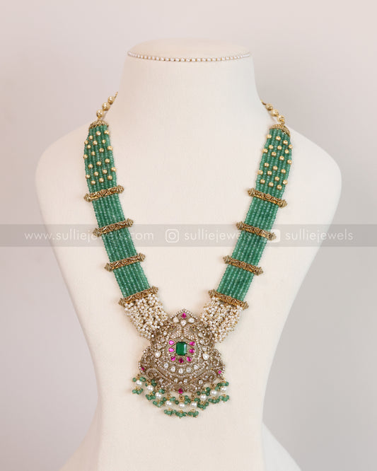 7138 - Victorian Pearl Onyx Beads Long Chain / Haaram with Earring