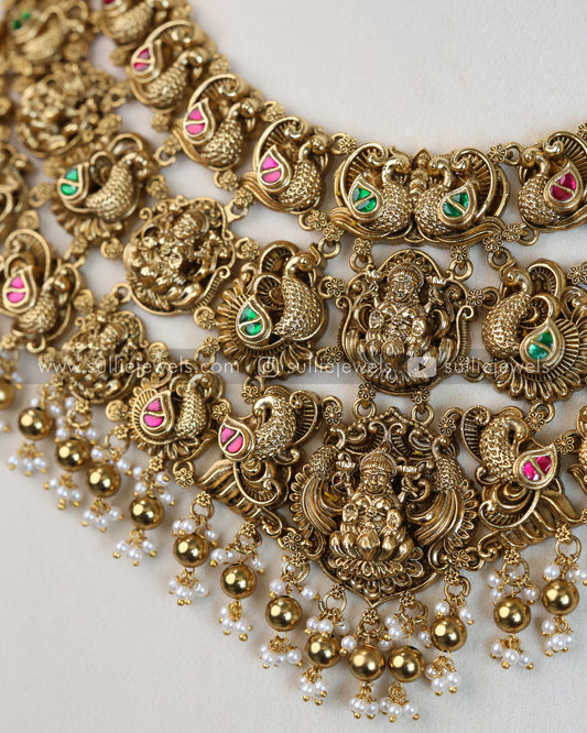 Premium Lakshmi Peacock Broad Gold Beads Necklace with Earrings