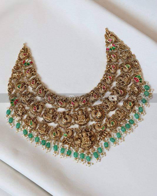Premium Lakshmi Peacock Broad Mint Beads Necklace with Earrings