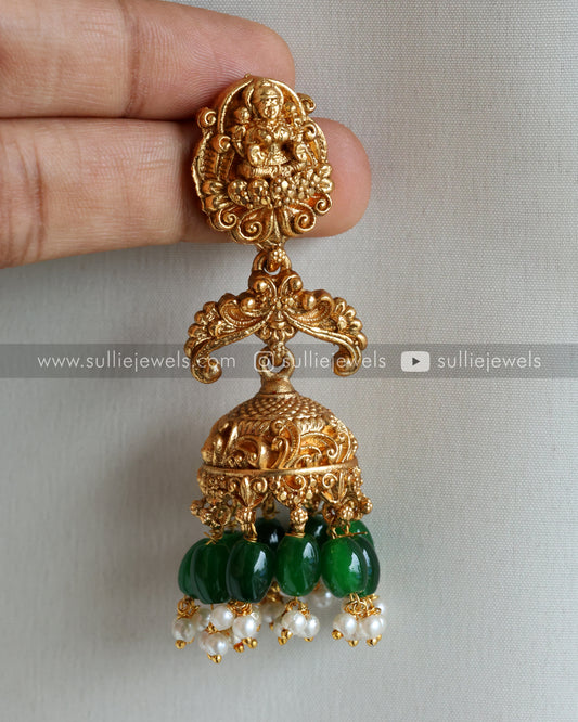Sullie Basic - Gold Lakshmi Jhumka with Green Beads