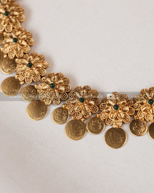 Flower Coin Necklace with Stud