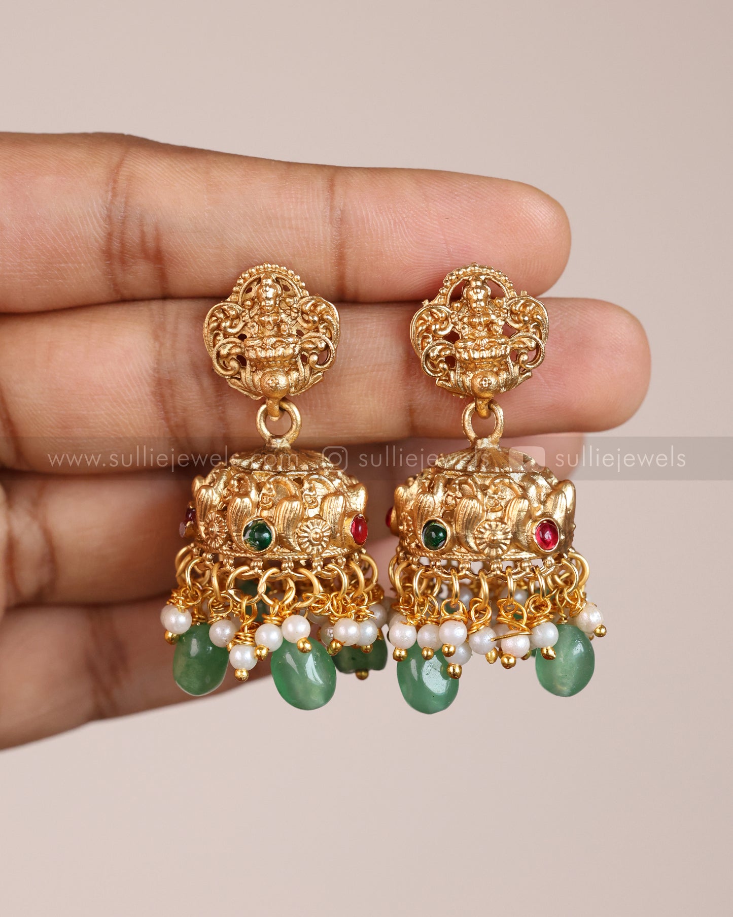Sullie Basic - Goddess Pendant with Mint Beads Long chain / Haaram and Jhumka