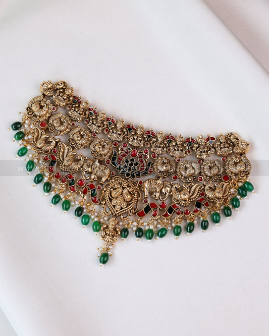 Sullie Basic - Detailed Lakshmi Heavy Choker with Earring ( Green Beads )