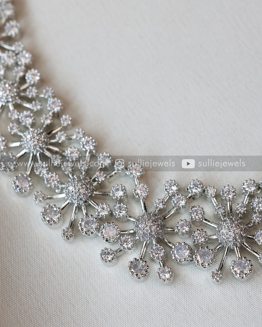 Floral AD Silver Necklace with Earrings