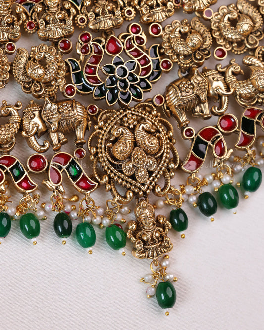Sullie Basic - Detailed Lakshmi Heavy Choker with Earring ( Green Beads )