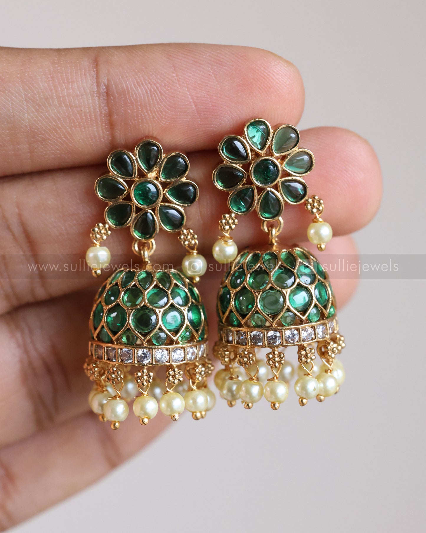 E1255 - Green Floral Kemp Jhumka with Pearl drops
