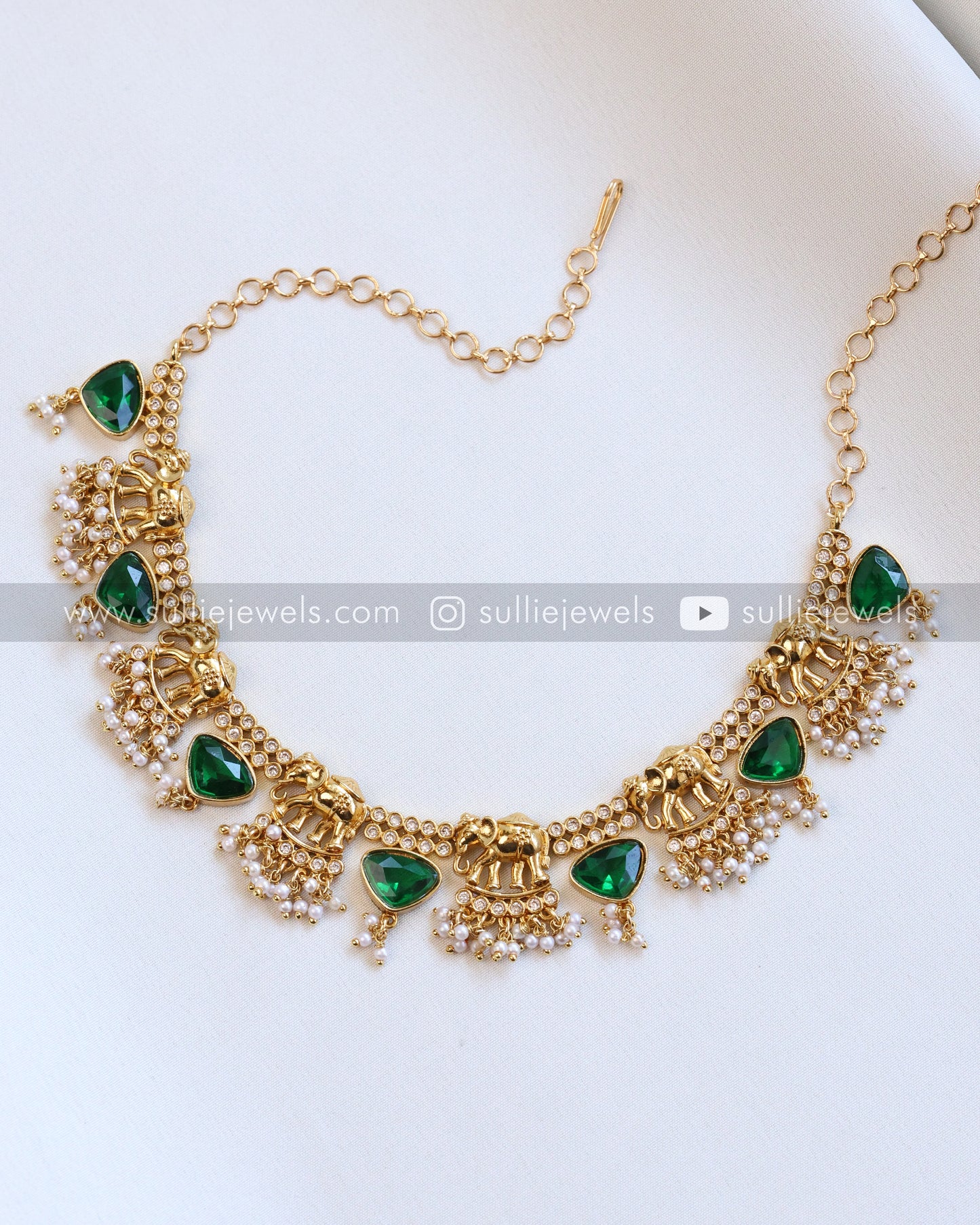 Elephant Stone Necklace with Earring - Red & Green