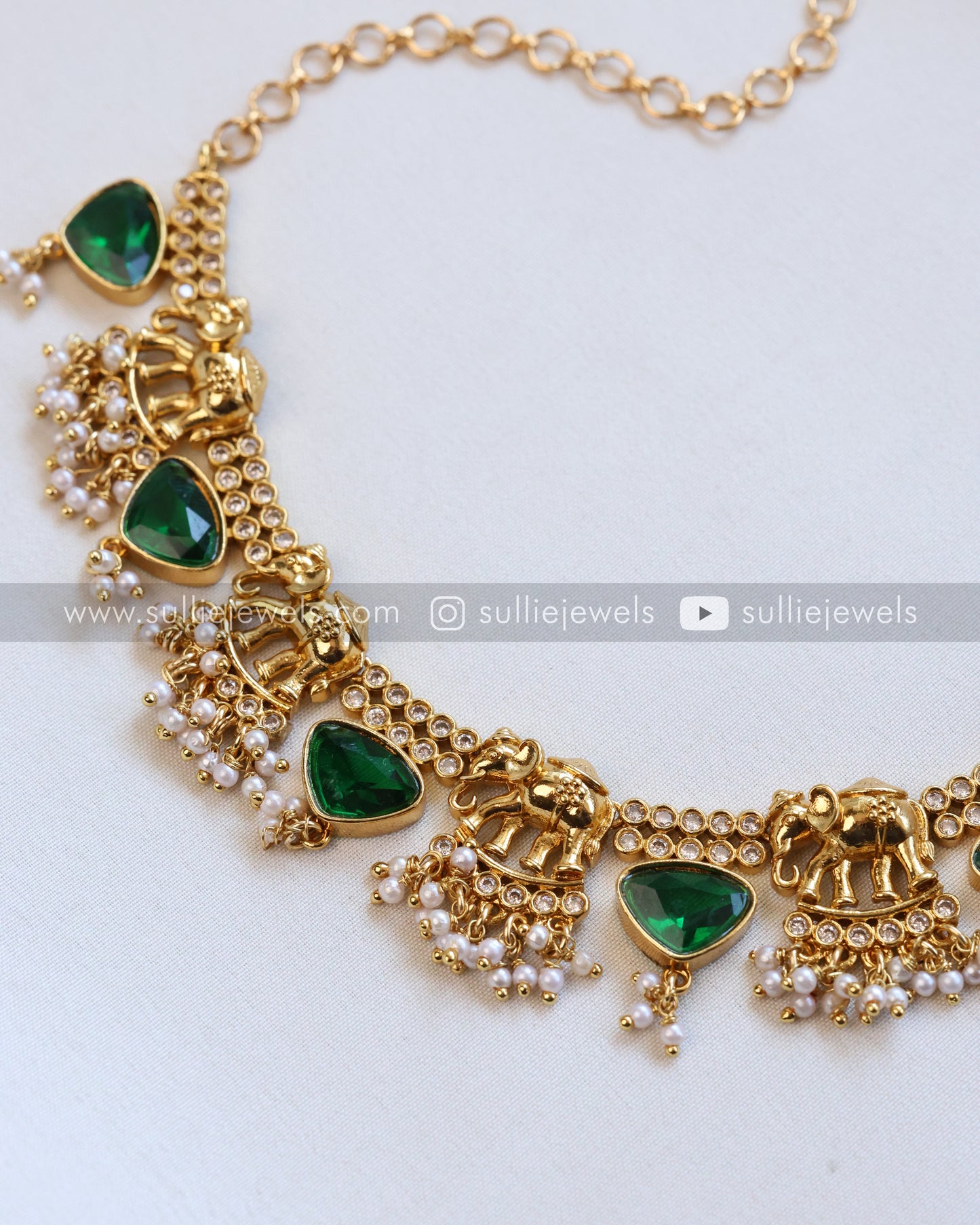 Elephant Stone Necklace with Earring - Red & Green