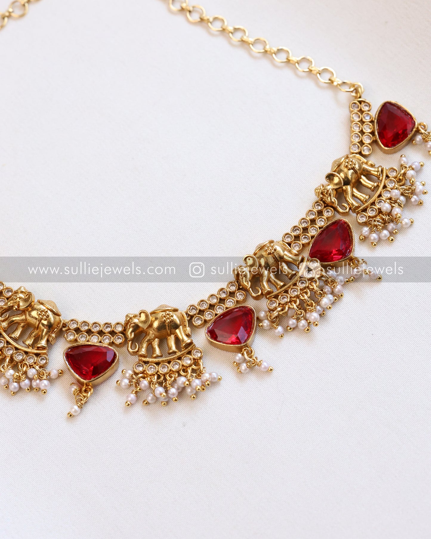 Elephant Stone Necklace with Earring - Red & Green